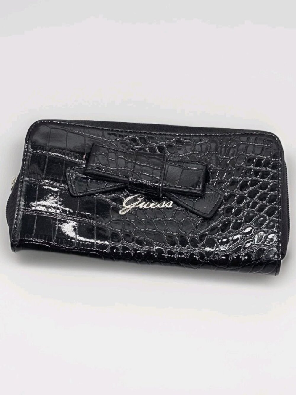Guess Croc Embossed Black Faux Leather Wallet Clutch Bag Bow  Purse  Boho Y2K